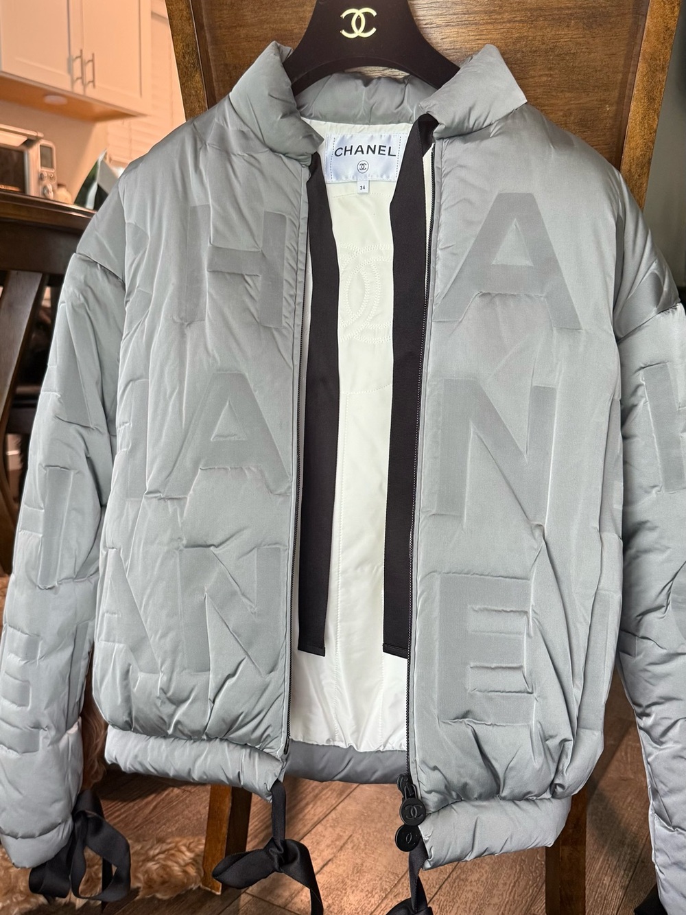 CHANEL Light Gray Quilted Logo Puffer Jacket - Picture 3 of 5